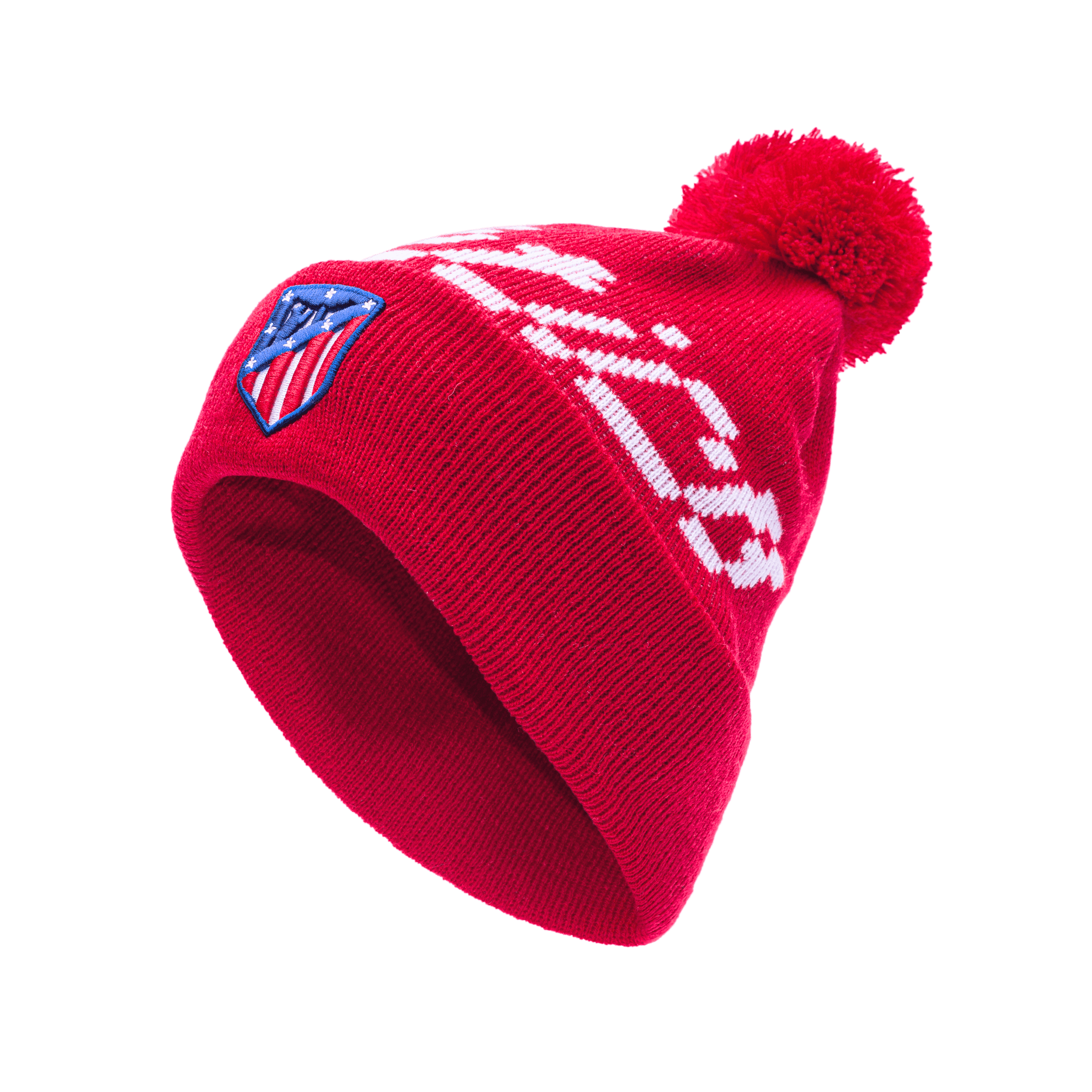 Atletico Madrid Pixel Beanie with embroidered club logo on ribbed ruff, club name knitted in hat body, and pom detailing, in Red.