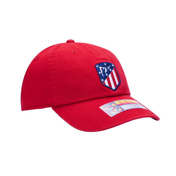 Side view of Atletico Madrid Bambo Classic with low unstructured crown, curved peak brim, and buckle closure, in red.