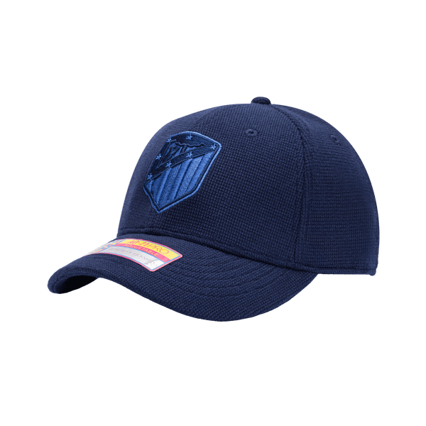 Side view of the Atletico Madrid Club Ink Adjustable with high crown, curved brim, and adjustable strap, in blue.