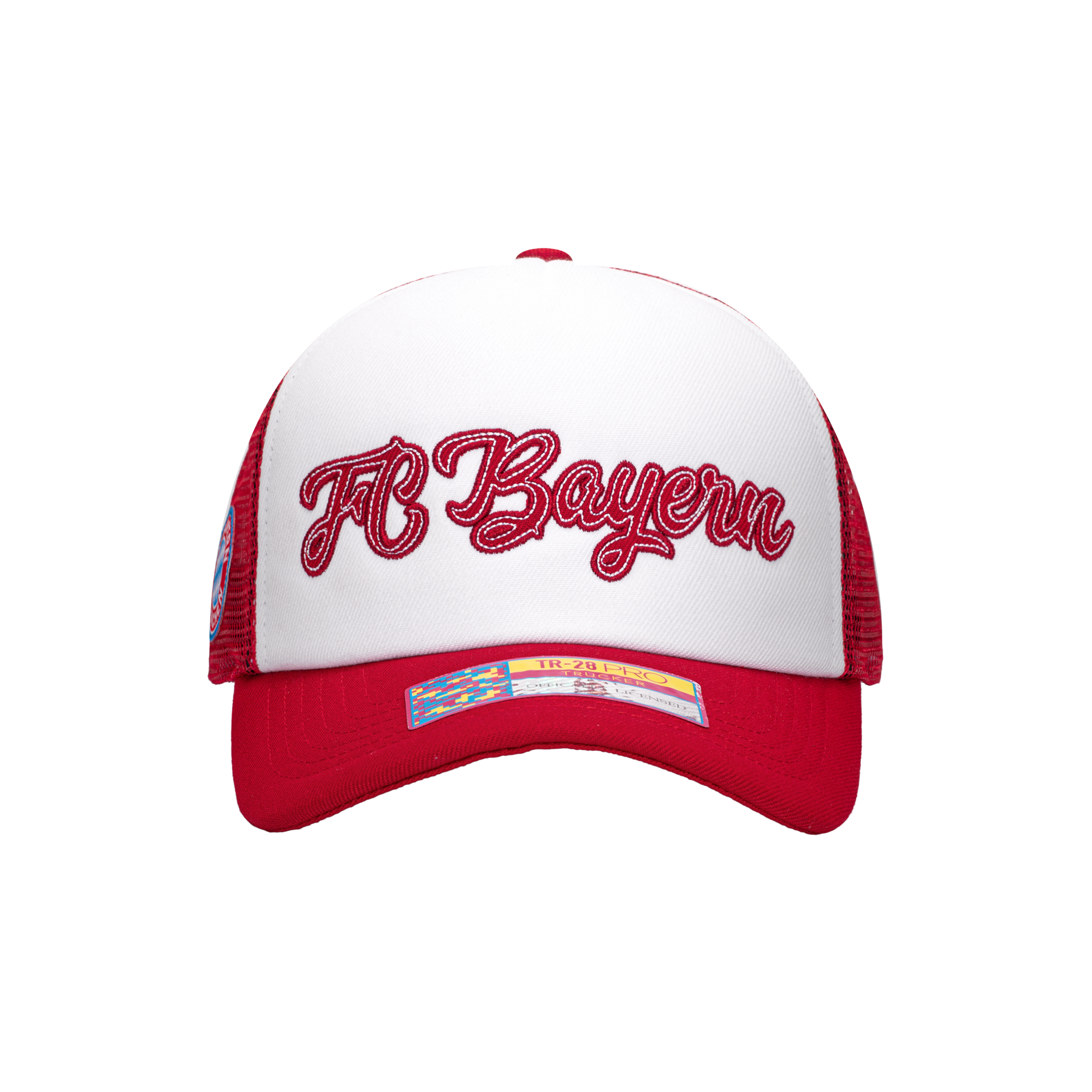 Red White Bayern Munich Script Stop Trucker with red bill red back panels and red button on top