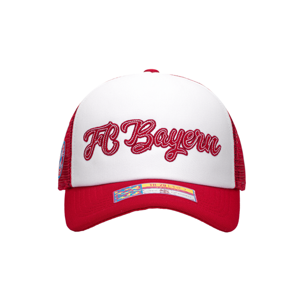 Red White Bayern Munich Script Stop Trucker with red bill red back panels and red button on top