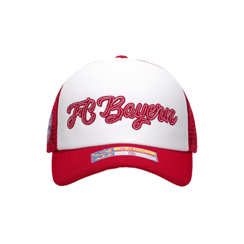 Red White Bayern Munich Script Stop Trucker with red bill red back panels and red button on top