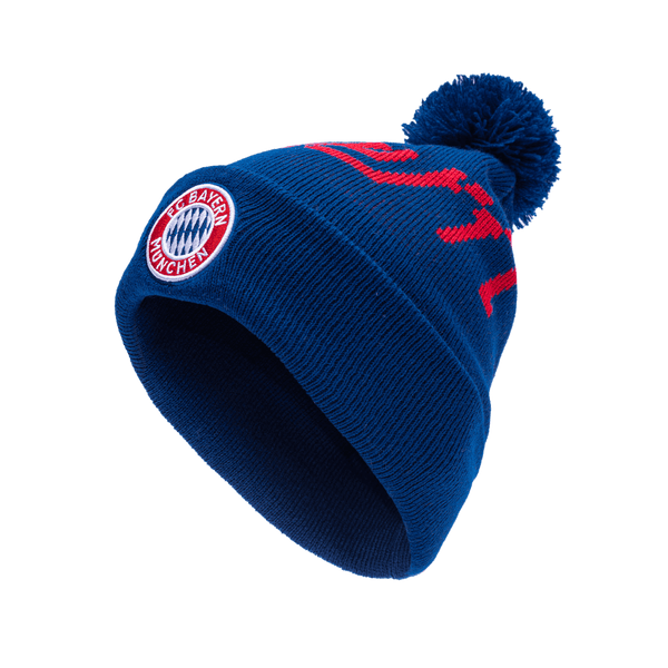 Bayern Munich Pixel Beanie with embroidered club logo on ribbed ruff, club name knitted in hat body, and pom detailing, in Blue.