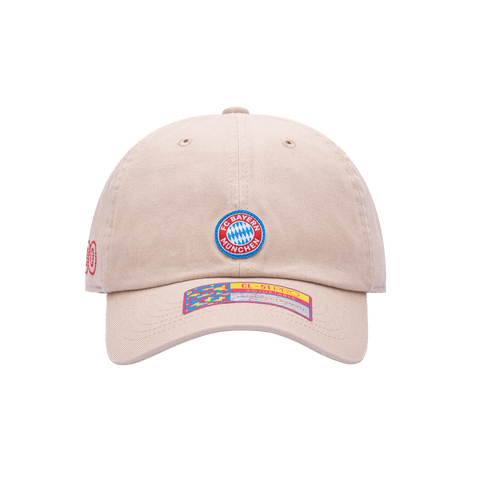 Front view of the Bayern Munich Safari Classic Adjustable with low crown, curved brim, and adjustable strap, in brown.