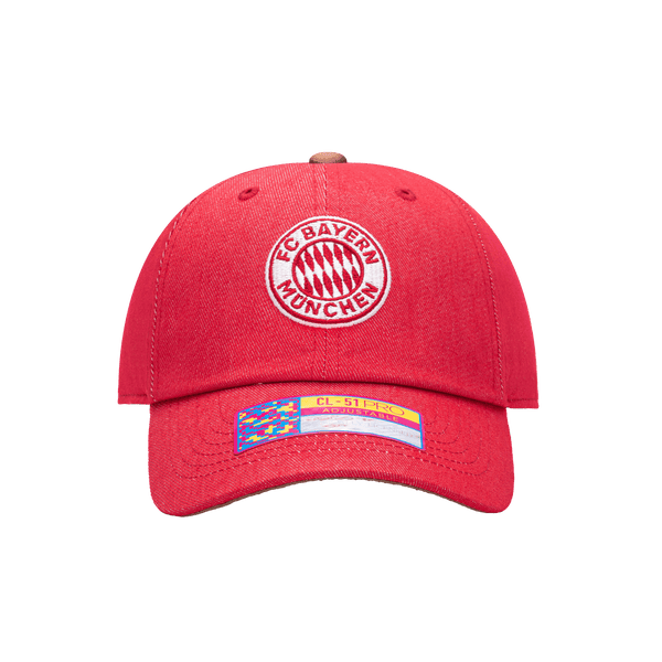 Front view of the Bayern Munich Pegasus Classic hat with low unstructured crown, curved peak brim, and buckle closure, in red.