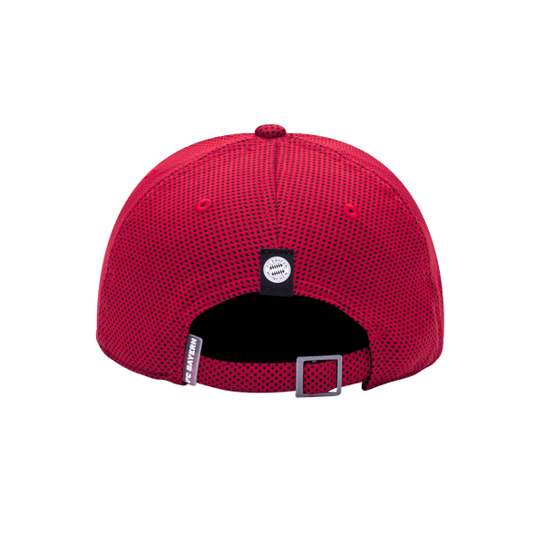 Back view of the Bayern Munich Trophy Adjustable hat with mid constructured crown, curved peak brim, and slider buckle closure, in Red.