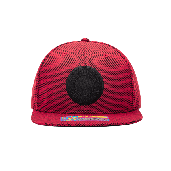 Front view of the Bayern Munich Trophy Snapback with high structured crown, flat peak brim, snap closure at back, in red