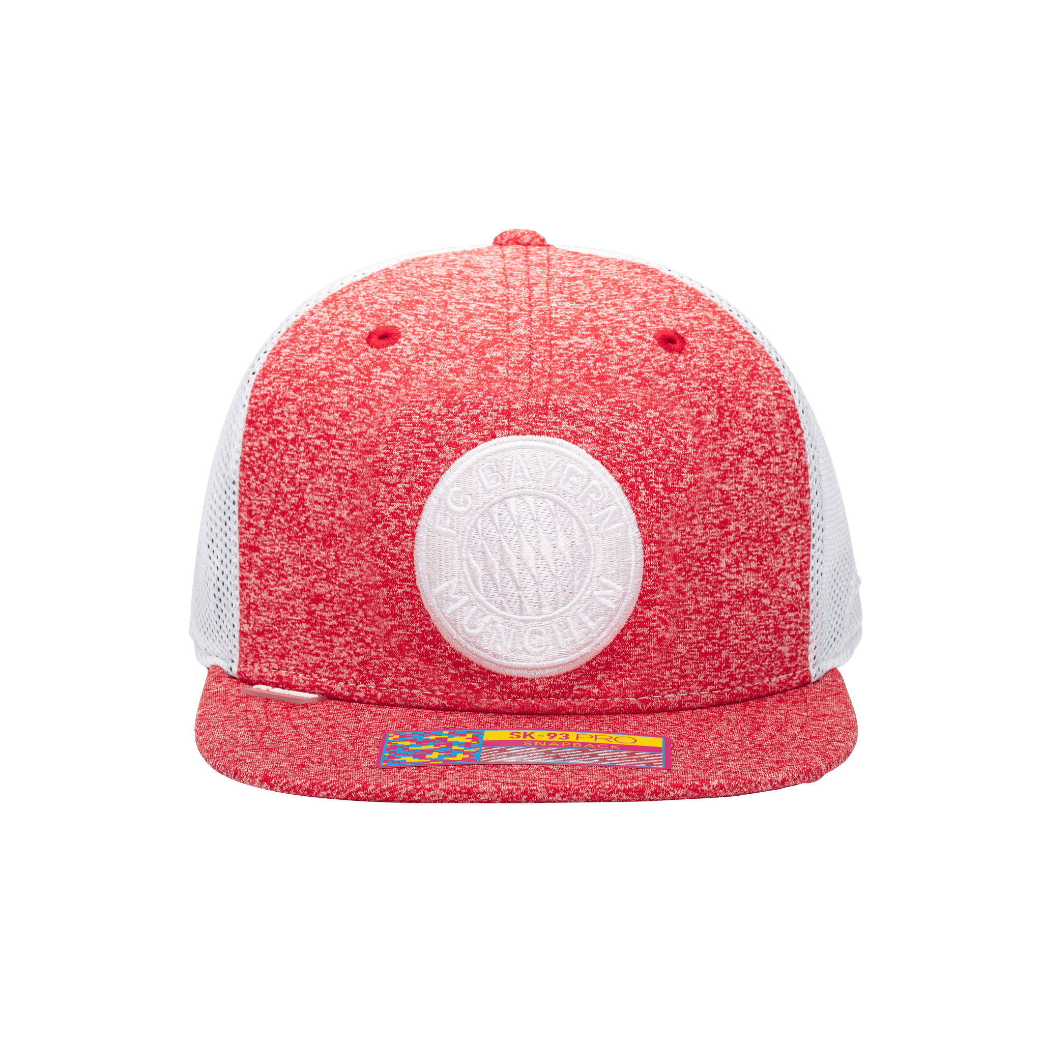 Front view of the Bayern Munich Dribbling Snapback with high structured crown, flat peak brim, mesh back, and snapback closure, in Red/White.