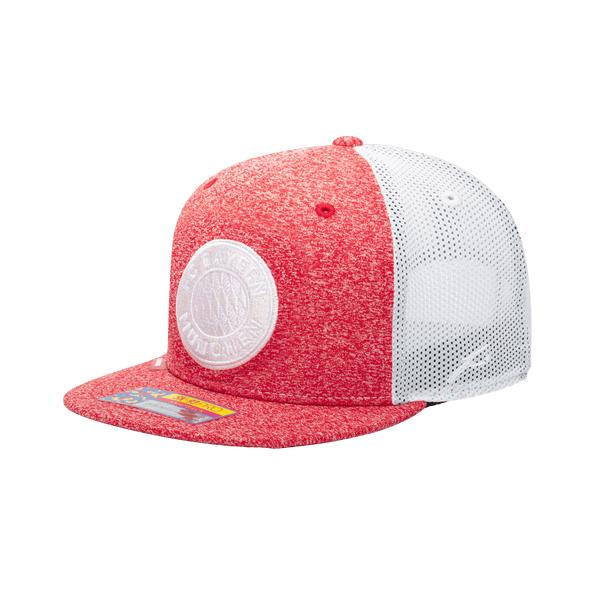 Side view of the Bayern Munich Dribbling Snapback with high structured crown, flat peak brim, mesh back, and snapback closure, in Red/White.