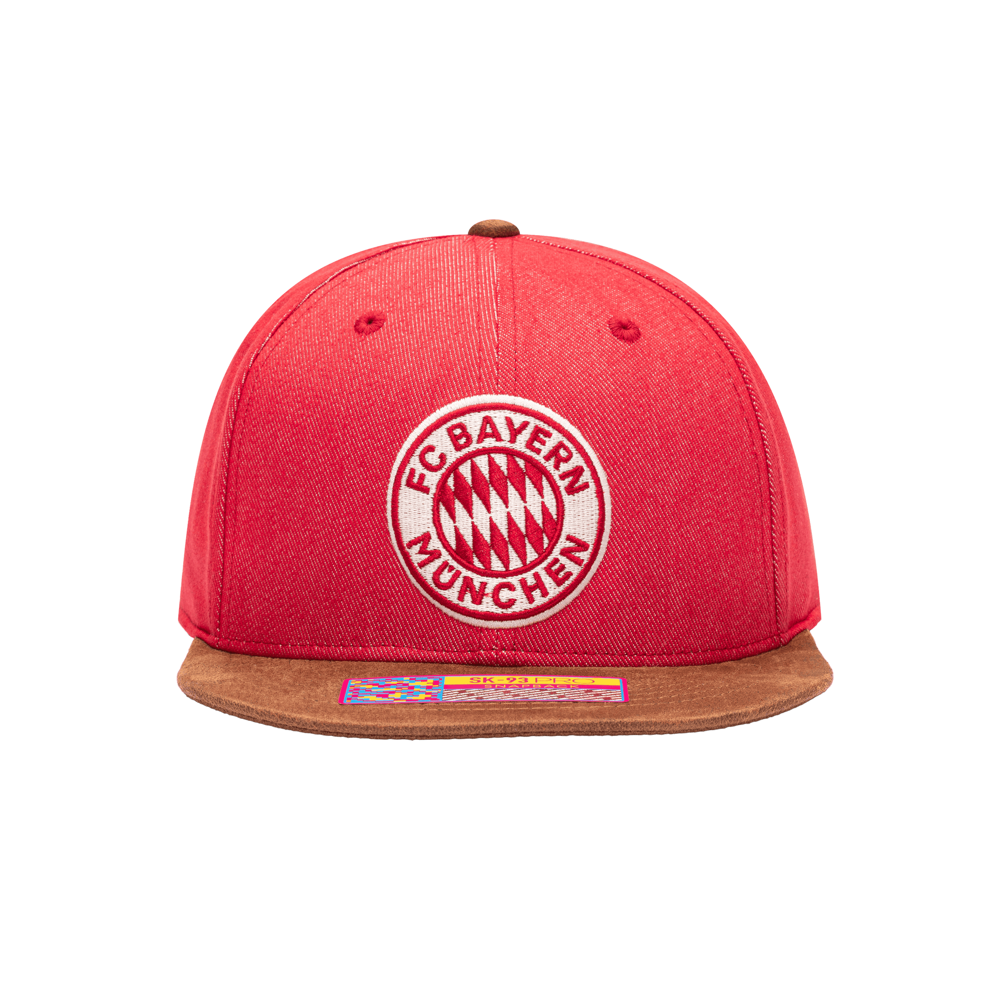 Front view of the Bayern Munich Orion Snapback with high structured crown, flat peak suede-like brim, and snapback closure, in Red/Brown.