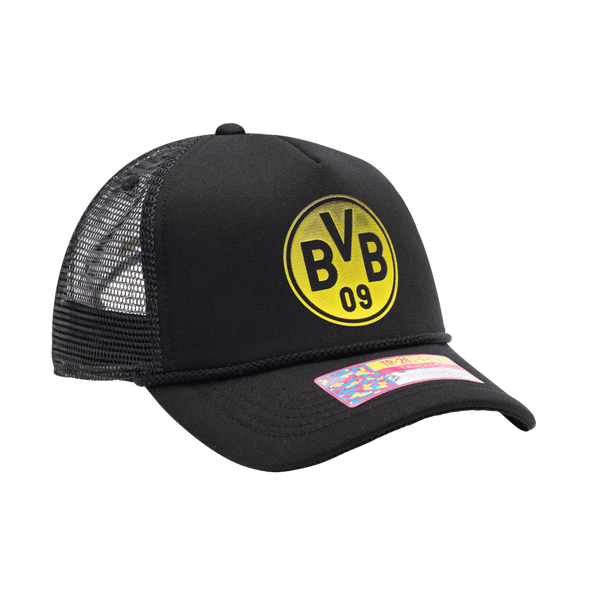 Borussia Dortmund Atmosphere Trucker with mid crown, curved peak brim, mesh back, and snapback closure, in Black