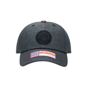 Front view of the Borussia Dortmund Pegasus Classic hat with low unstructured crown, curved peak brim, and buckle closure, in black.