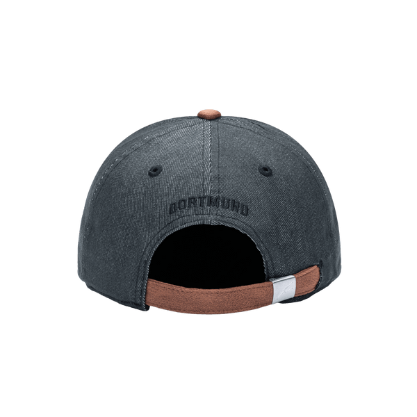 Back view of the Borussia Dortmund Pegasus Classic hat with low unstructured crown, curved peak brim, and buckle closure, in black.