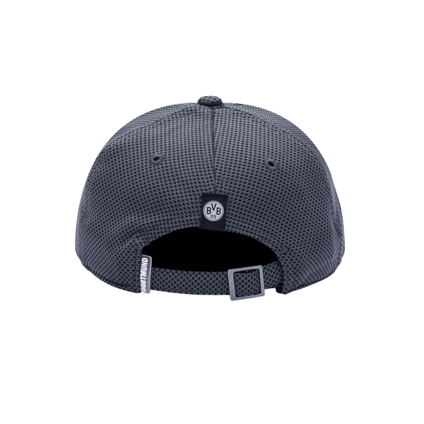 Back view of the Borussia Dortmund Trophy Adjustable hat with mid constructured crown, curved peak brim, and slider buckle closure, in Dark Grey.