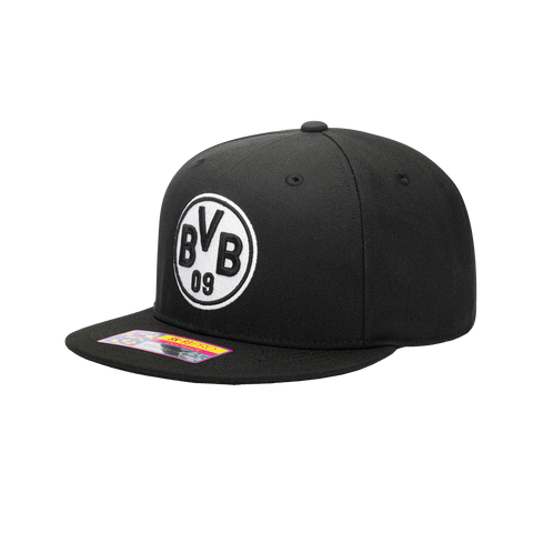Side view of black Borussia Dortmund Hit Snapback with flat peak and embroidered logo on front.