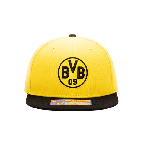 Front view of the Borussia Dortmund Team Snapback with high crown, flat peak, and snapback closure, in Yellow/Black