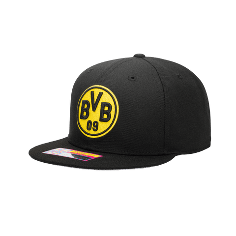 Side view of the Borussia Dortmund Dawn Snapback with high crown, flat peak, and snapback closure, in Black