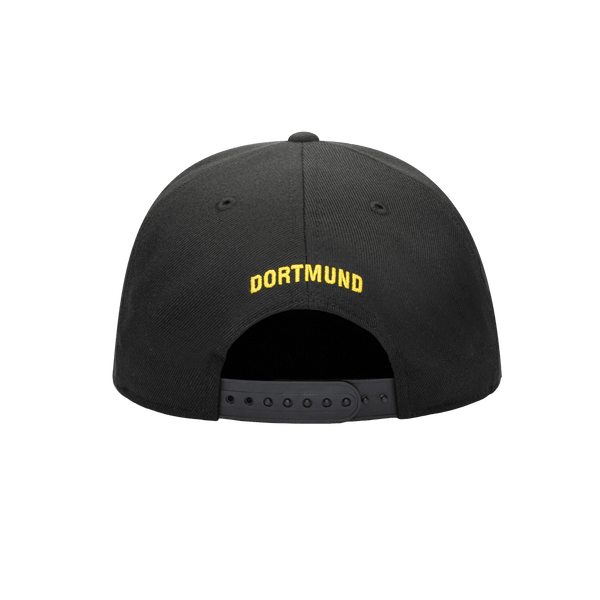 Back view of the Borussia Dortmund Dawn Snapback with high crown, flat peak, and snapback closure, in Black