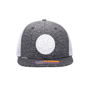 Front view of the Borussia Dortmund Dribbling Snapback with high crown, flat peak, and snapback closure, in Grey/White