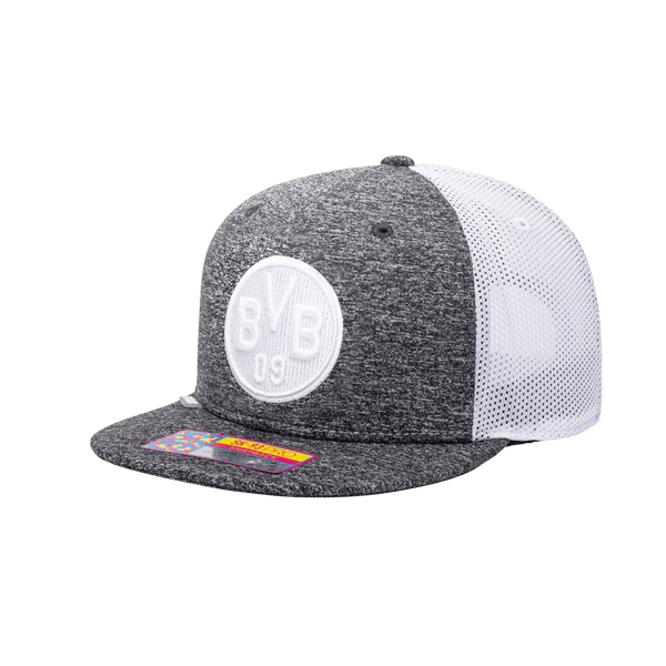 Side view of the Borussia Dortmund Dribbling Snapback with high crown, flat peak, and snapback closure, in Grey/White