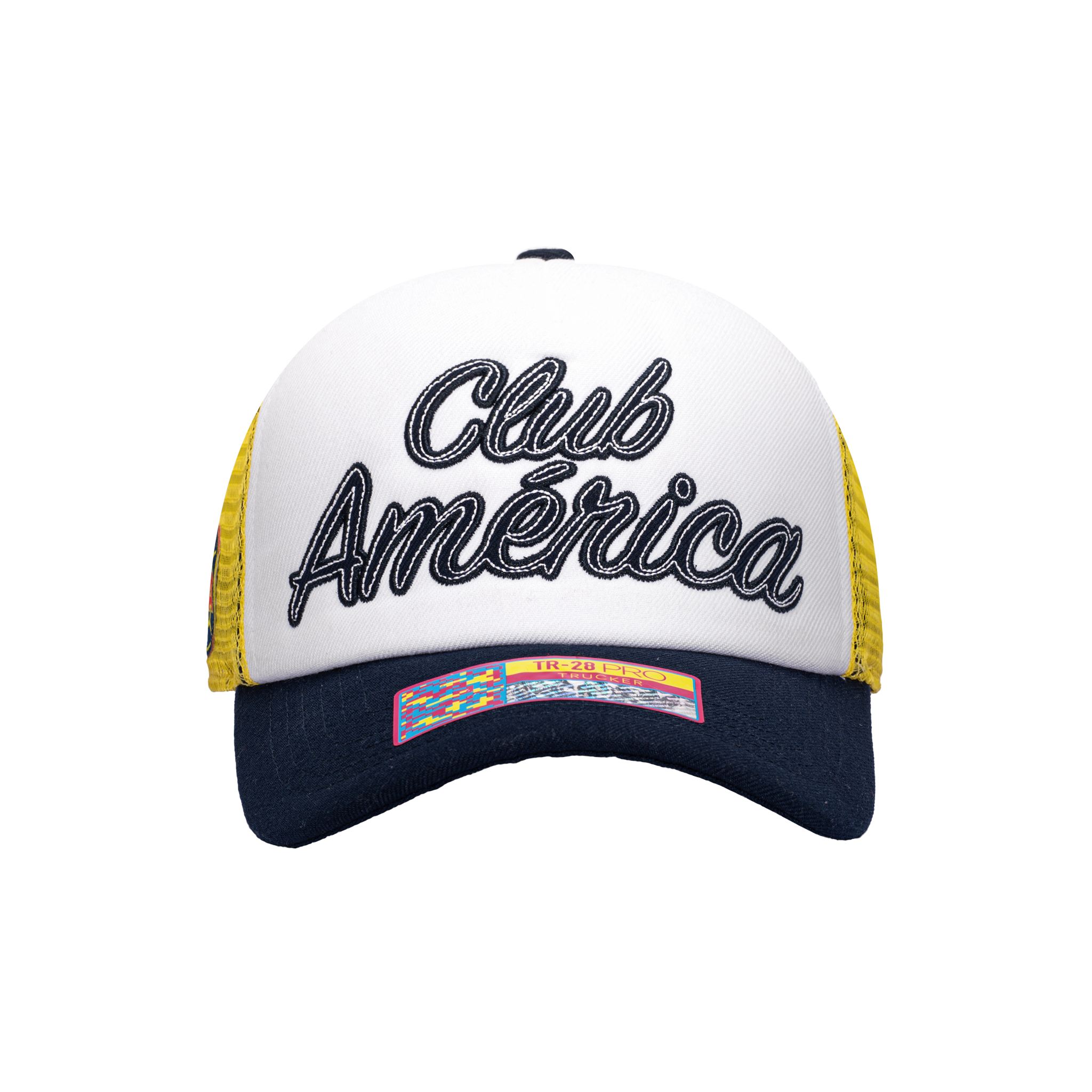 Blue Yellow White Club America Script Stop Trucker with Blue bill blue button and yellow back panels