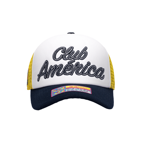 Blue Yellow White Club America Script Stop Trucker with Blue bill blue button and yellow back panels