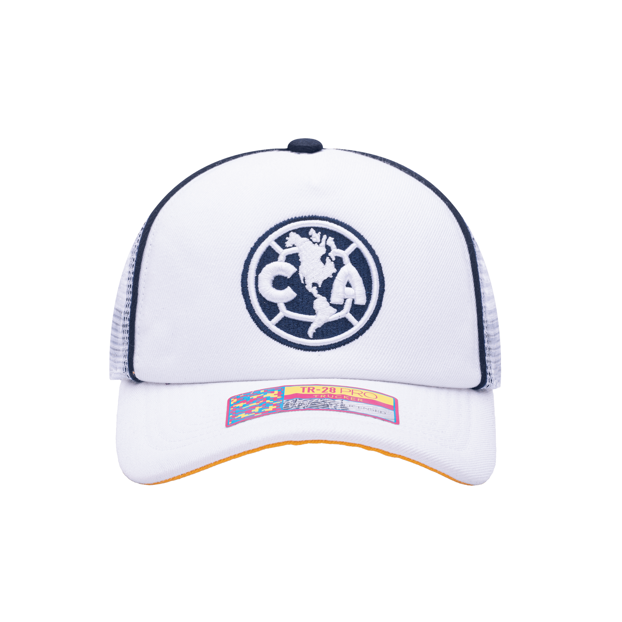 Front view of the Club America Cali Day Trucker with mid crown, curved peak, and snapback closure on mesh back, in white.