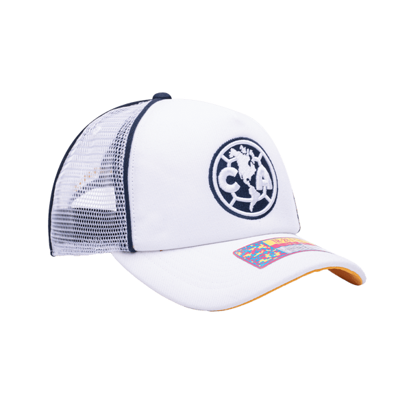 Side view of the Club America Cali Day Trucker with mid crown, curved peak, and snapback closure on mesh back, in white.