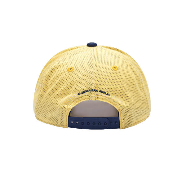 Back view of the Club America 40th Anniversary Aguilas Trucker with mid crown, curved peak, and snapback closure on finely knit mesh back, in Navy/Cream.