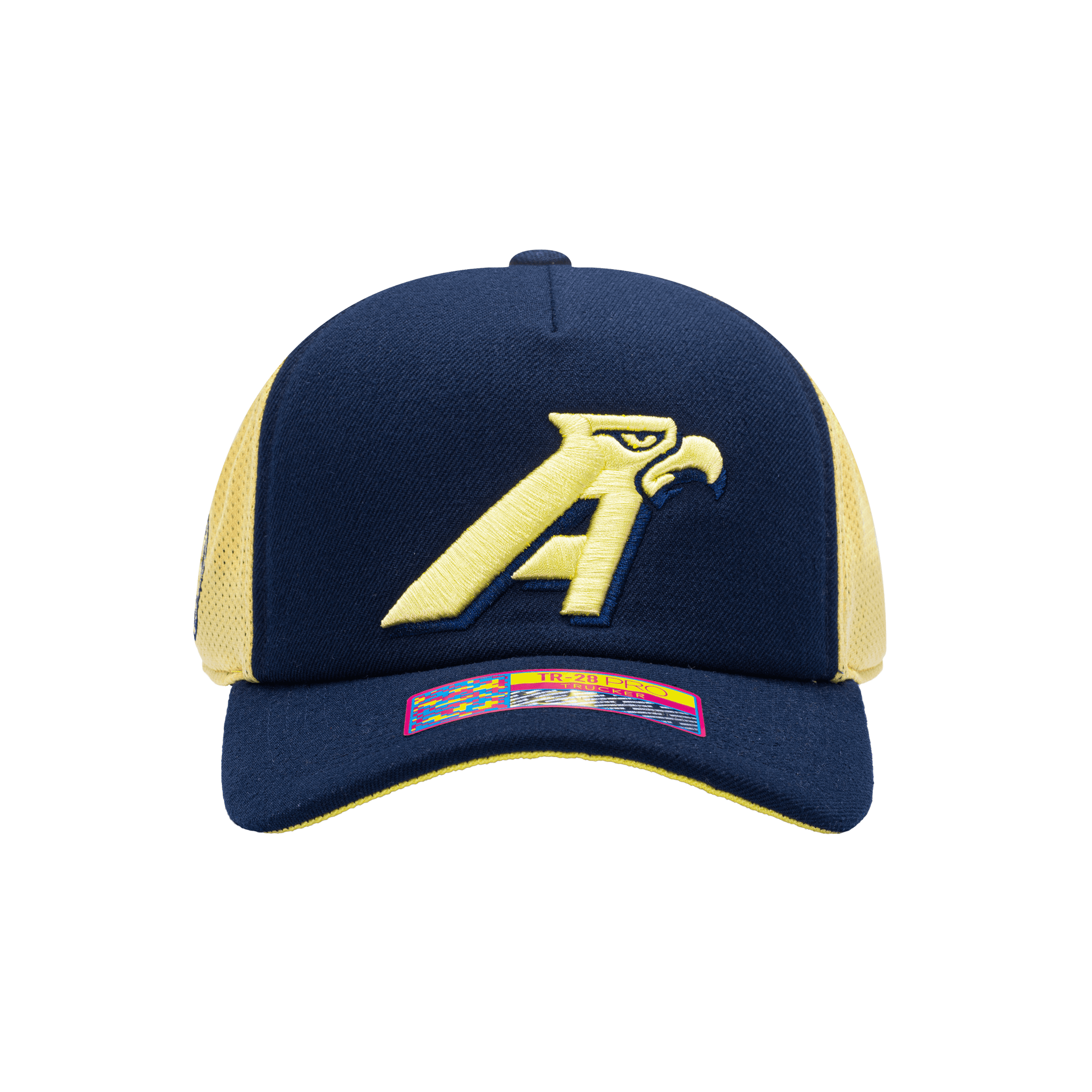 Front view of the Club America 40th Anniversary Aguilas Trucker with mid crown, curved peak, and snapback closure on finely knit mesh back, in Navy/Cream.