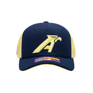 Front view of the Club America 40th Anniversary Aguilas Trucker with mid crown, curved peak, and snapback closure on finely knit mesh back, in Navy/Cream.