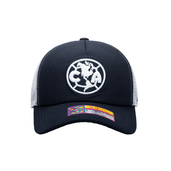 Front view of the Club America Fog Trucker Hat in Navy/White, with high crown, curved peak, mesh back and snapback closure.