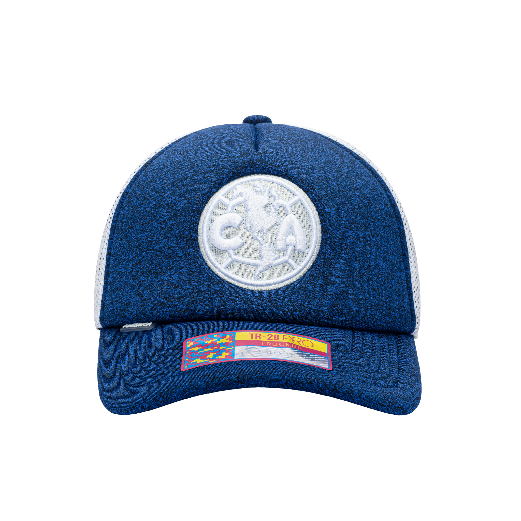 Front view of the Club America Dribbling Trucker Hat in Navy/White, with high crown, curved peak, mesh back and snapback closure.