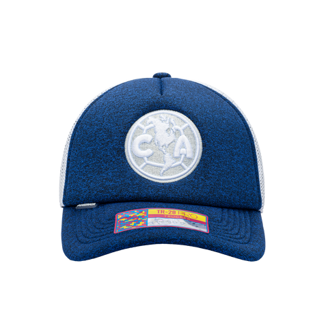 Front view of the Club America Dribbling Trucker Hat in Navy/White, with high crown, curved peak, mesh back and snapback closure.