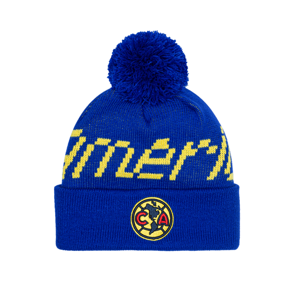 Club America Pixel Beanie with embroidered club logo on ribbed ruff, club name knitted in hat body, and pom detailing, in Blue.