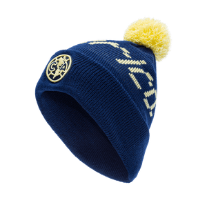 Club America Pixel Neon Beanie with embroidered club logo on ribbed ruff, club name knitted in hat body, and pom detailing, in Navy.