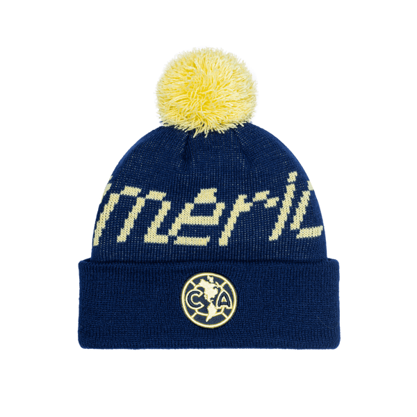 Club America Pixel Neon Beanie with embroidered club logo on ribbed ruff, club name knitted in hat body, and pom detailing, in Navy.