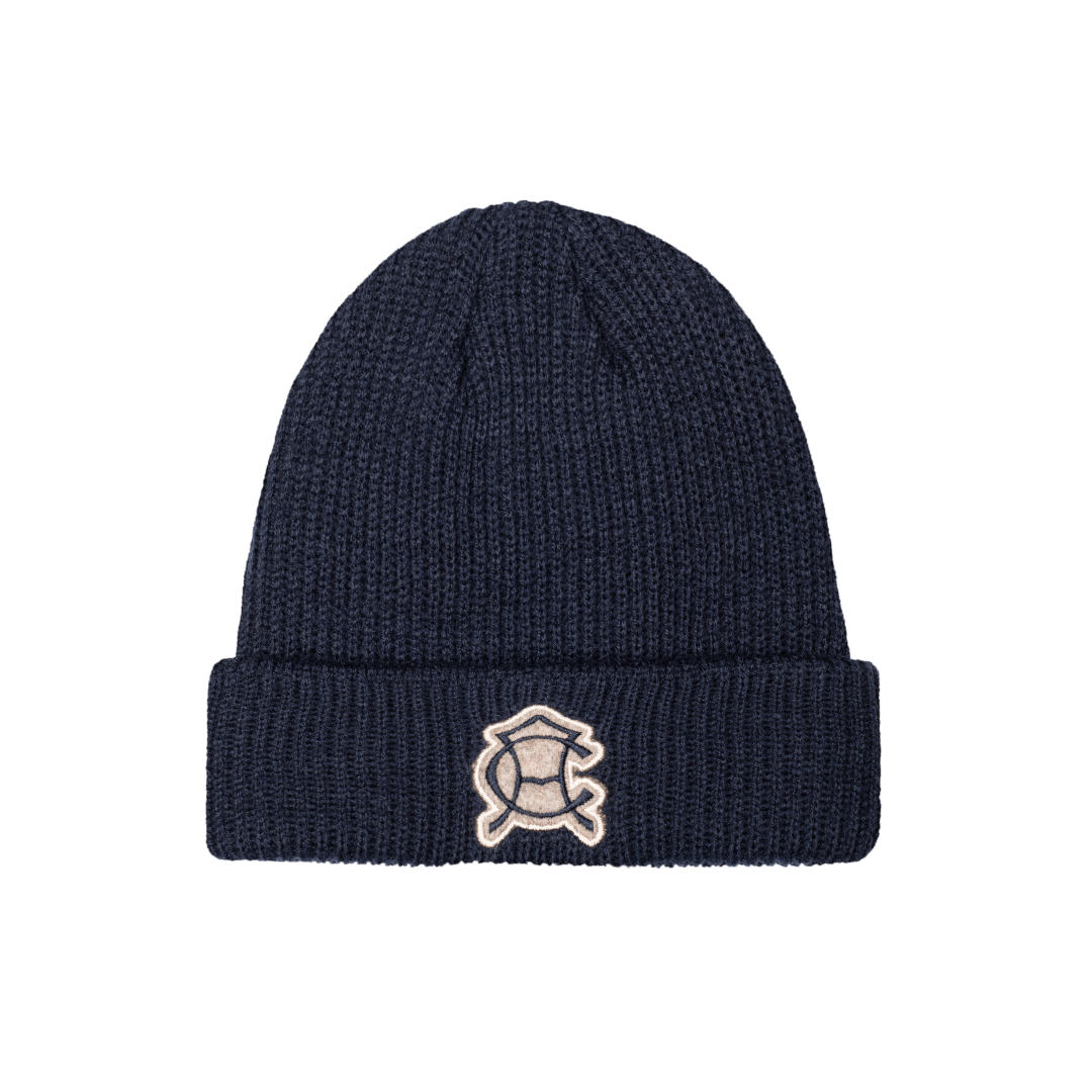 Club America Ivy Beanie in thick, wool blend knit, front embroidered wool backed applique patch with merrowed edges, in navy.