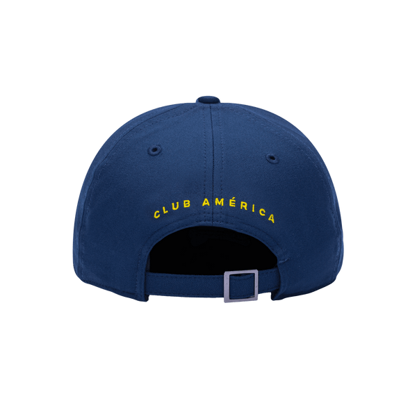 Back view of the Club America Trigger Adjustable hat with mid constructured crown, curved peak brim, and slider buckle closure, in Navy.