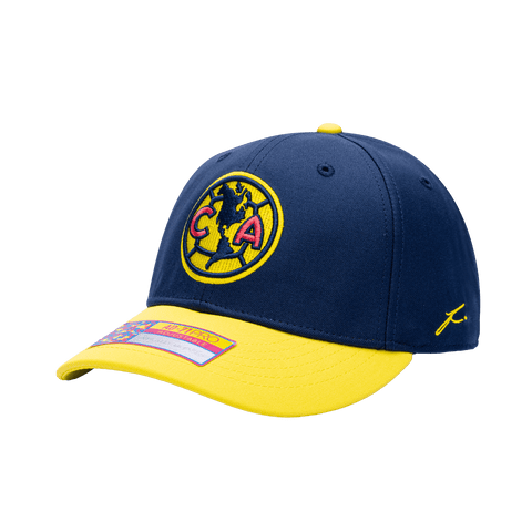 Side view of the Borussia Dortmund Core Adjustable hat with mid constructured crown, cruved peak brim, and slider buckle closure, in Black/Yellow.