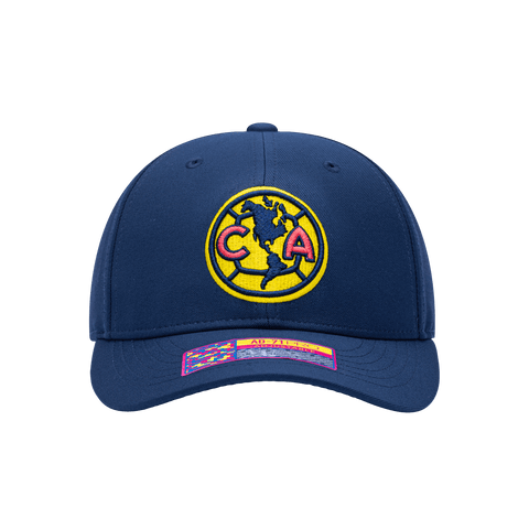 Front view of the Club America Standard Adjustable hat with mid constructured crown, curved peak brim, and slider buckle closure, in Navy.