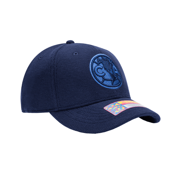 Side view of the Club America Club Ink Adjustable with high crown, curved brim, and adjustable strap, in blue.