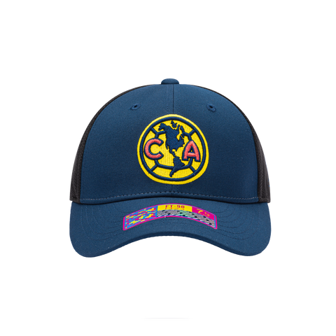 Front view of the Club America Breakaway Stretch hat with mid structured crown, curved peak brim, back stretch panels, in Navy/Black