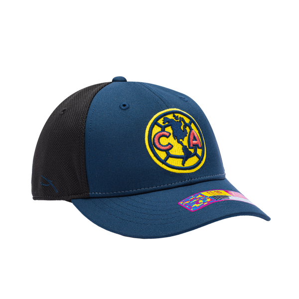 Side view of the Club America Breakaway Stretch hat with mid structured crown, curved peak brim, back stretch panels, in Navy/Black