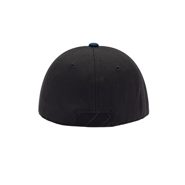 Back view of the Club America Breakaway Stretch hat with mid structured crown, curved peak brim, back stretch panels, in Navy/Black