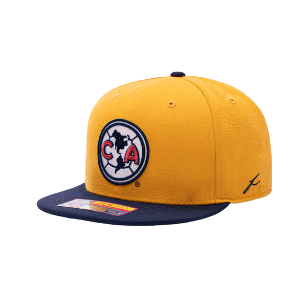 View of left side of Products Club America Team Snapback Hat in yellow with blue Fi stitching