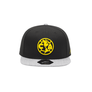 Black Club America Player Snapback with grey bill and yellow stitch team logo