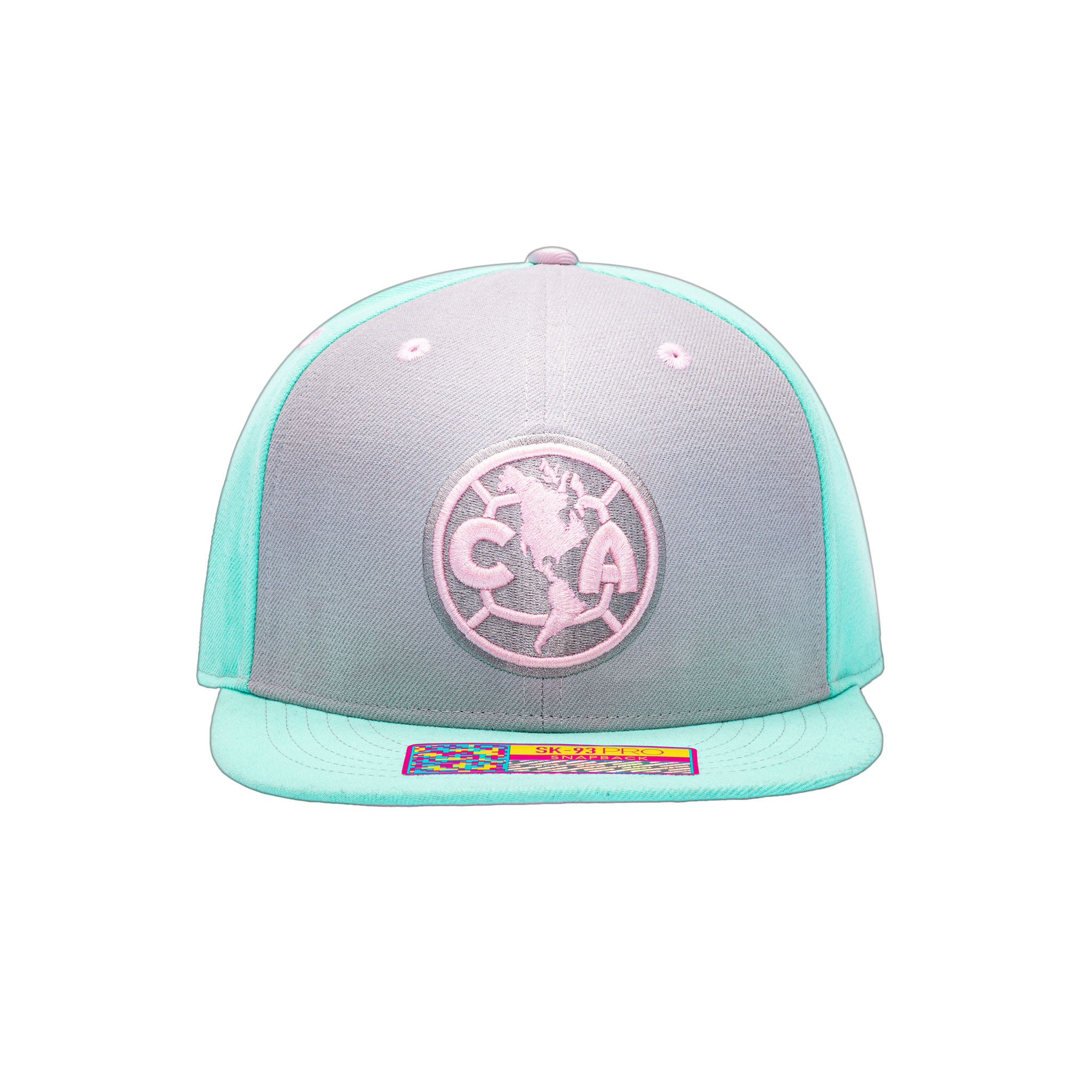 Blue Pink Grey Club America Soft Touch Snapback with Blue bill and back panels and pink logo and button on top