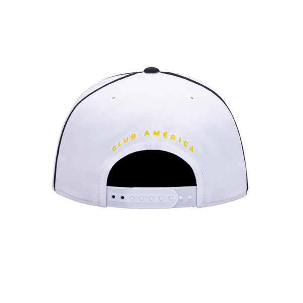 Back view of the Club America Cali Day Snapback with high crown, flat peak, and snapback closure, in white/black.