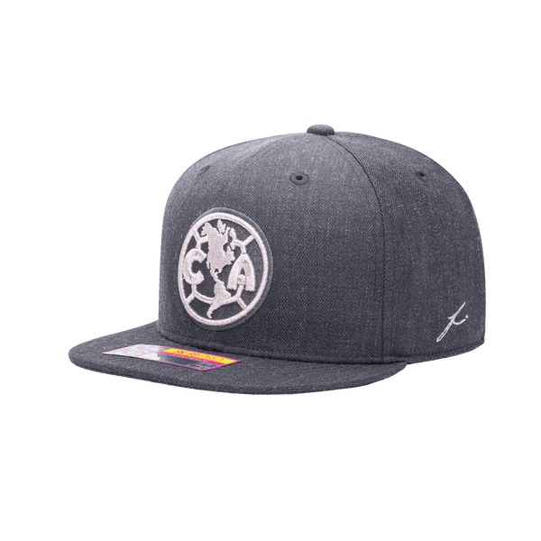 Side view of the Club America Platinum Snapback with high crown, flat peak, and snapback closure, in Grey